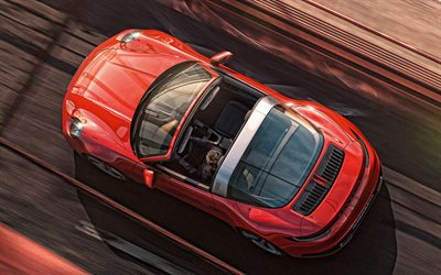 2021, porsche 911 targa, 4k, ansicht von oben, rotes cabriolet, neu rot 911 targa, deutsche sportwagen, porsche