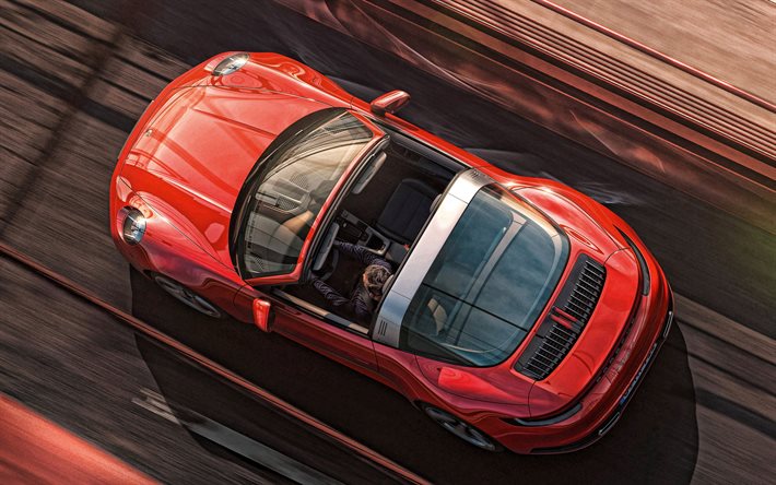 2021, Porsche 911 Targa, 4k, vue du haut, cabriolet rouge, nouveau rouge 911 Targa, voitures de sport allemandes, Porsche