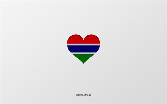 J&#39;aime la Gambie, les pays d&#39;Afrique, la Gambie, fond gris, le coeur du drapeau de la Gambie, le pays pr&#233;f&#233;r&#233;, l&#39;amour de la Gambie