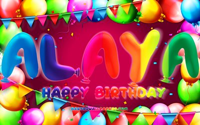 お誕生日おめでとうアラヤ, 4k, カラフルなバルーンフレーム, アラヤの名前, 紫色の背景, アラヤお誕生日おめでとう, アラヤの誕生日, 人気のアメリカ人女性の名前, 誕生日のコンセプト, アラヤ