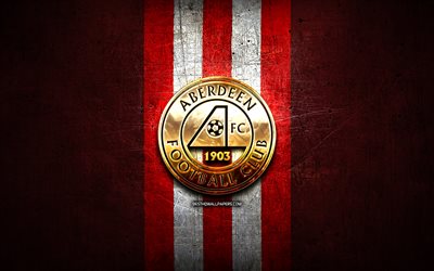 Aberdeen FC, golden logo, Scottish Premiership, red metal background, football, scottish football club, Aberdeen logo, soccer, FC Aberdeen