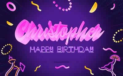 お誕生日おめでとうクリストファー, 4k, 紫のパーティーの背景, クリストファー, クリエイティブアート, クリストファーの誕生日おめでとう, クリストファーの名前, クリストファーの誕生日