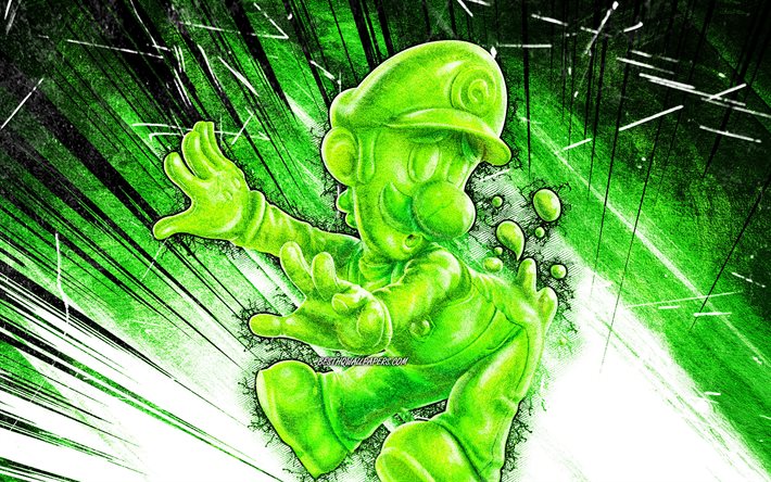 4k, Gooigi, art grunge, plombier de dessin anim&#233;, Super Mario, rayons abstraits verts, personnages de Super Mario, Super Mario Bros, Gooigi Super Mario