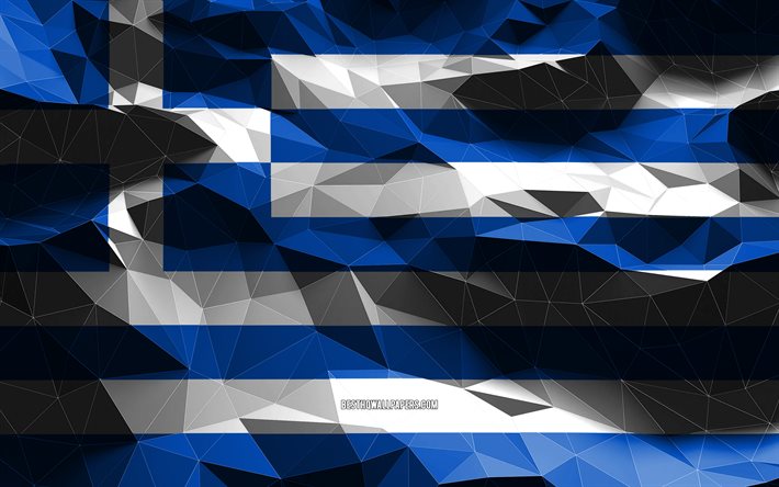 4k, bandiera greca, arte low poly, paesi europei, simboli nazionali, bandiera della Grecia, bandiere 3D, Grecia, Europa, bandiera 3D della Grecia