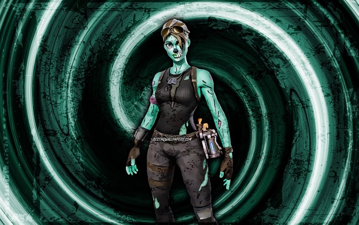 4k, Ghoul Trooper, turquoise grunge background, Fortnite, vortex, Fortnite characters, Ghoul Trooper Skin, Fortnite Battle Royale, Ghoul Trooper Fortnite