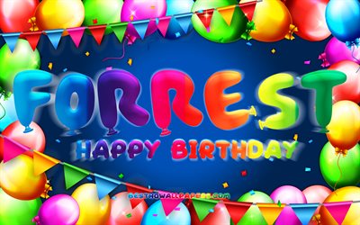 Joyeux anniversaire Forrest, 4k, cadre ballon color&#233;, nom de Forrest, fond bleu, Forrest Happy Birthday, Forrest Birthday, noms masculins am&#233;ricains populaires, concept d&#39;anniversaire, Forrest