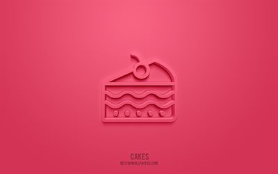 Icône 3d de gâteaux, fond rose, symboles 3d, gâteaux, icônes de bonbons, icônes 3d, signe de gâteaux, icônes 3d de bonbons