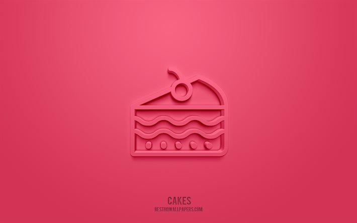 Icona di torte 3d, sfondo rosa, simboli 3d, torte, icone di dolci, icone 3d, segno di torte, icone 3d di dolci