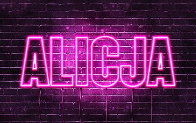 Alicja, 4k, wallpapers with names, female names, Alicja name, purple neon lights, Happy Birthday Alicja, popular polish female names, picture with Alicja name