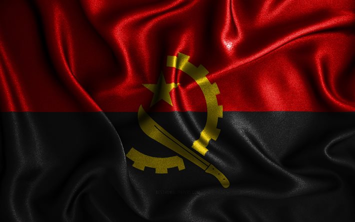 Bandeira angolana, 4k, bandeiras onduladas de seda, pa&#237;ses africanos, s&#237;mbolos nacionais, Bandeira de Angola, bandeiras de tecido, arte 3D, Angola, &#193;frica, Bandeira 3D de Angola