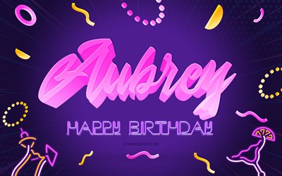 Happy Birthday Aubrey, 4k, Purple Party Background, Aubrey, creative art, Happy Aubrey birthday, Aubrey name, Aubrey Birthday, Birthday Party Background
