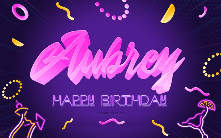 Happy Birthday Aubrey, 4k, Purple Party Background, Aubrey, creative art, Happy Aubrey birthday, Aubrey name, Aubrey Birthday, Birthday Party Background