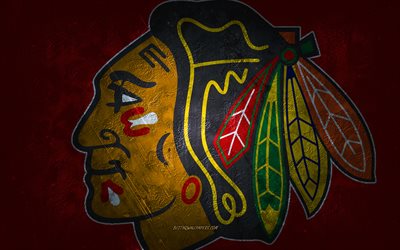 Chicago Blackhawks, amerikkalainen j&#228;&#228;kiekkojoukkue, punainen kivitausta, Chicago Blackhawks-logo, grunge-taide, NHL, j&#228;&#228;kiekko, USA, Chicago Blackhawks -tunnus