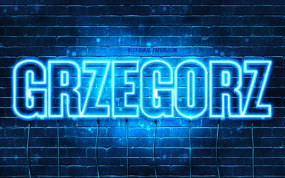 Grzegorz, 4k, bakgrundsbilder med namn, Grzegorz namn, bl&#229; neonljus, Grattis p&#229; f&#246;delsedagen Grzegorz, popul&#228;ra polska manliga namn, bild med Grzegorz namn