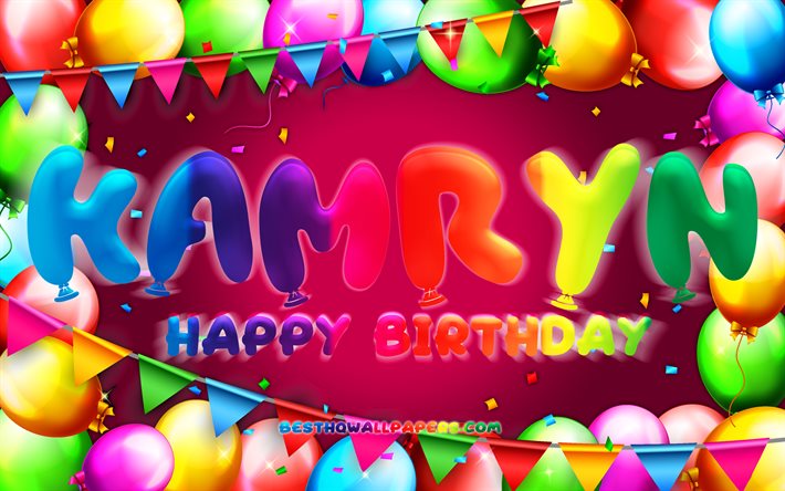 Buon compleanno Kamryn, 4k, cornice palloncino colorato, nome Kamryn, sfondo viola, buon compleanno Kamryn, compleanno Kamryn, nomi femminili americani popolari, concetto di compleanno, Kamryn