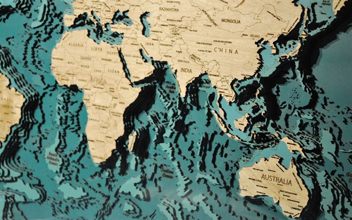 Mapa do mundo 3D, mapa do Oceano &#205;ndico, mapa da Austr&#225;lia, mapa do mundo 3D de madeira, Eur&#225;sia, conceitos do mapa do mundo