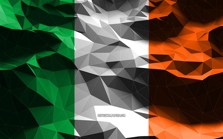 4k, İrlanda bayrağı, d&#252;ş&#252;k poli sanatı, Avrupa &#252;lkeleri, ulusal semboller, İrlanda Bayrağı, 3D bayraklar, İrlanda, Avrupa, İrlanda 3D bayrak