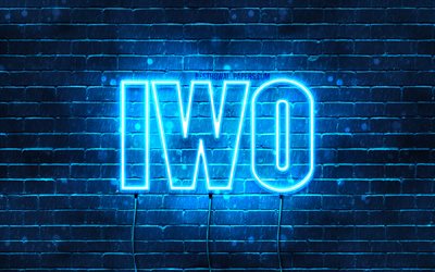 Iwo, 4k, wallpapers with names, Iwo name, blue neon lights, Happy Birthday Iwo, popular polish male names, picture with Iwo name