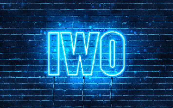 iwo, 4k, hintergrundbilder mit namen, iwo-name, blaue neonlichter, happy birthday iwo, beliebte polnische m&#228;nnliche namen, bild mit iwo-namen
