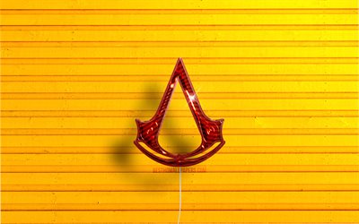 Logo Assassins Creed, 4K, ballons r&#233;alistes rouges, marques de jeux, logo Assassins Creed 3D, arri&#232;re-plans en bois jaune, Assassins Creed