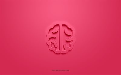 Beyin 3d simgesi, pembe arka plan, 3d semboller, Beyin, Eğitim simgeleri, 3d simgeler, Beyin işareti, Eğitim 3d simgeleri