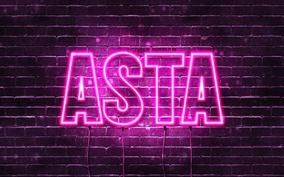 Asta, 4k, fonds d&#39;&#233;cran avec noms, noms f&#233;minins, nom Asta, n&#233;ons violets, joyeux anniversaire Asta, noms f&#233;minins danois populaires, photo avec nom Asta