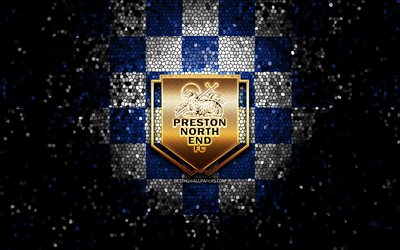 Preston FC, logo glitter, campionato EFL, sfondo a scacchi bianco blu, calcio, FC Manchester United, squadra di calcio inglese, logo Preston FC, arte del mosaico, FC Preston