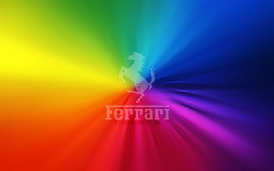Logo Ferrari, 4k, vortex, arri&#232;re-plans arc-en-ciel, cr&#233;atif, œuvres d&#39;art, marques de voitures, Ferrari
