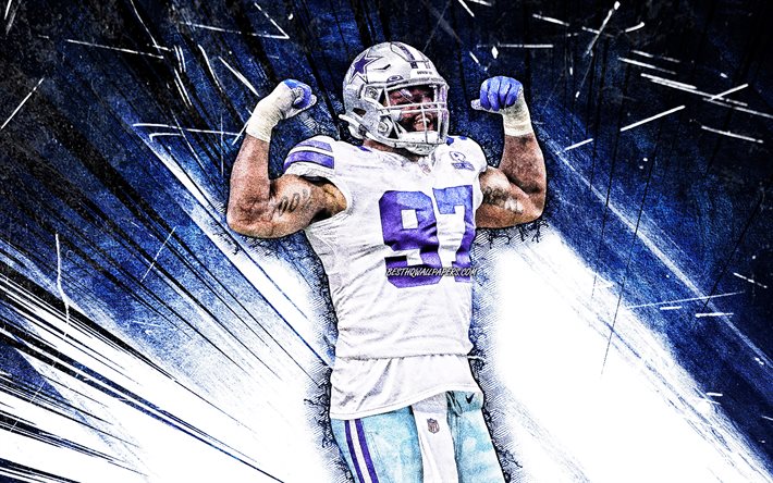 4k, Everson Griffen, grunge art, defensive end, Dallas Cowboys, american football, NFL, blue abstract rays, Everson Griffen Dallas Cowboys, Everson Griffen 4K