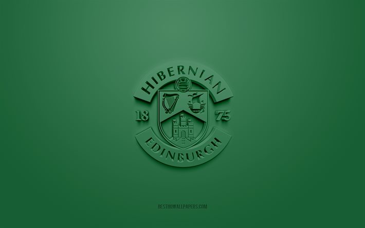 Hibernian FC, kreativ 3D-logotyp, gr&#246;n bakgrund, 3d-emblem, skotsk fotbollsklubb, Scottish Premiership, Edinburgh, Skottland, 3d-konst, fotboll, Hibernian FC 3d-logotyp