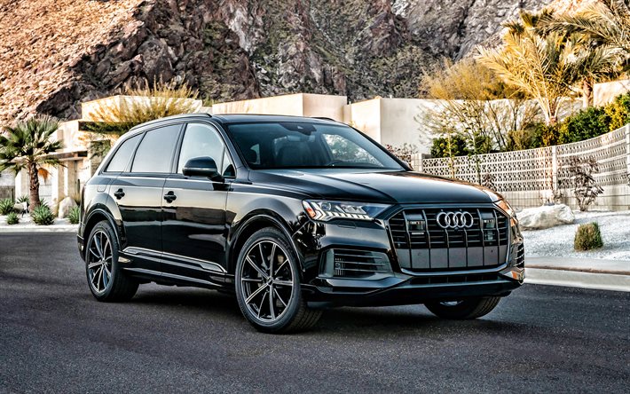 2021, Audi Q7, vue avant, ext&#233;rieur, SUV de luxe noir, nouveau Q7 noir, voitures allemandes, Audi