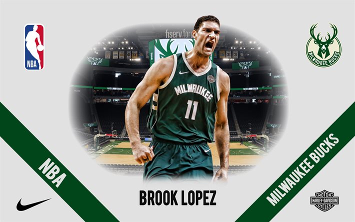 Brook Lopez, Milwaukee Bucks, jogador americano de basquete, NBA, retrato, EUA, basquete, Fiserv Forum, logotipo de Milwaukee Bucks