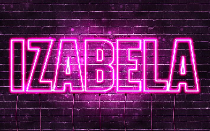 Izabela, 4k, bakgrundsbilder med namn, kvinnliga namn, Izabela namn, lila neonljus, Grattis p&#229; f&#246;delsedagen Izabela, popul&#228;ra polska kvinnliga namn, bild med Izabela namn