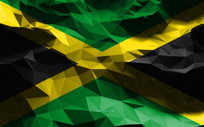 4k, drapeau jama&#239;cain, art low poly, pays d&#39;Am&#233;rique du Nord, symboles nationaux, drapeau de la Jama&#239;que, drapeaux 3D, Jama&#239;que, Am&#233;rique du Nord, drapeau 3D de la Jama&#239;que