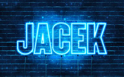 Jacek, 4k, wallpapers with names, Jacek name, blue neon lights, Happy Birthday Jacek, popular polish male names, picture with Jacek name