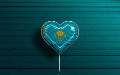 I Love Kazakhstan, 4k, realistic balloons, blue wooden background, Asian countries, Kazakh flag heart, favorite countries, flag of Kazakhstan, balloon with flag, Kazakh flag, Kazakhstan, Love Kazakhstan