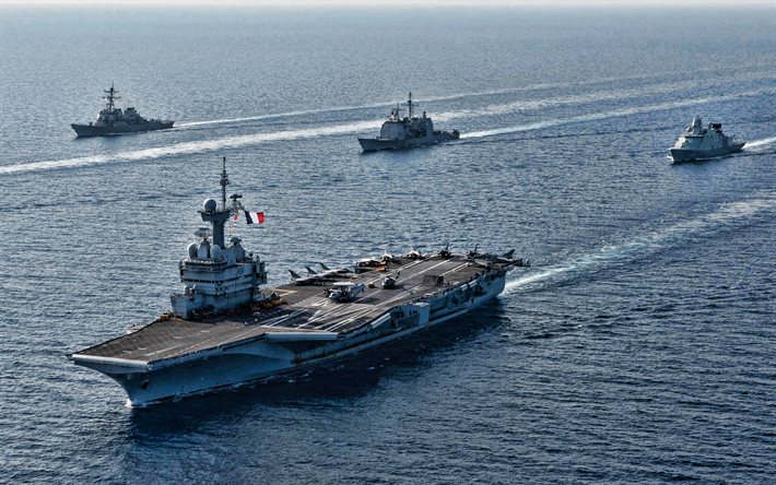 Charles de Gaulle, R91, portaerei francese, Marina francese, portaerei a propulsione nucleare francese, cacciatorpediniere americani, NATO, Marine Nationale, E-2C Hawkeye