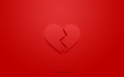 broken heart 3d-symbol, roter hintergrund, 3d-symbole, broken heart, liebesikonen, broken heart-zeichen, love 3d-symbole