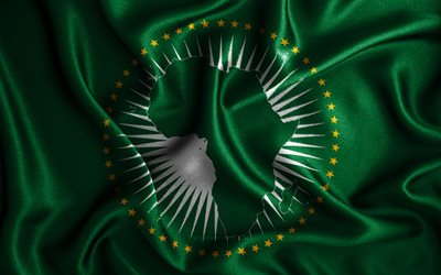African Union flag, 4k, silk wavy flags, African countries, national symbols, Flag of African Union, fabric flags, 3D art, African Union, Africa, African Union 3D flag