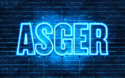 Asger, 4k, fonds d&#39;&#233;cran avec des noms, nom Asger, n&#233;ons bleus, joyeux anniversaire Asger, noms masculins danois populaires, photo avec le nom Asger