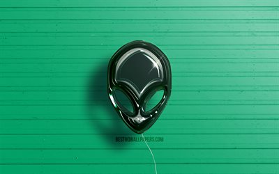 Alienware 3D logo, 4K, dark green realistic balloons, Alienware logo, green wooden backgrounds, Alienware