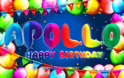 Joyeux anniversaire Apollo, 4k, cadre de ballon color&#233;, nom d&#39;Apollo, fond bleu, Apollo joyeux anniversaire, anniversaire d&#39;Apollo, noms masculins am&#233;ricains populaires, concept d&#39;anniversaire, Apollo