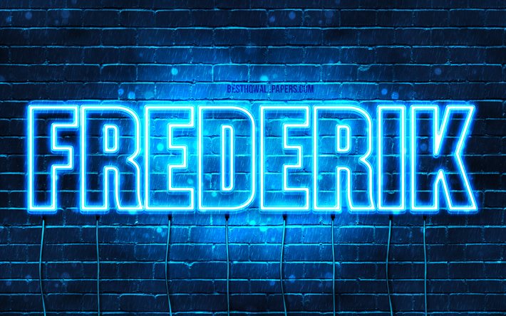 Frederik, 4k, wallpapers with names, Frederik name, blue neon lights, Happy Birthday Frederik, popular danish male names, picture with Frederik name