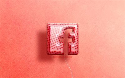 4K, Facebookの3Dロゴ, アートワーク, ソーシャルネットワーク, ピンクのリアルな風船, Facebookのロゴ, ピンクの背景, Facebook