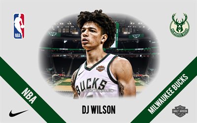 DJ Wilson, Milwaukee Bucks, American Basketball Player, NBA, portrait, USA, basketball, Fiserv Forum, Milwaukee Bucks logo, DeVante Jaylen Wilson
