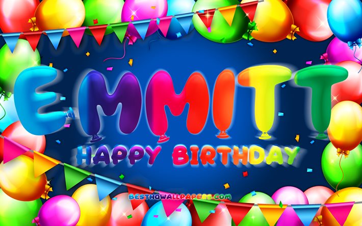 お誕生日おめでとうエミット, 4k, カラフルなバルーンフレーム, エミット名, 青い背景, お誕生日おめでとう, 誕生日を送る, 人気のあるアメリカ人男性の名前, 誕生日のコンセプト, エミット