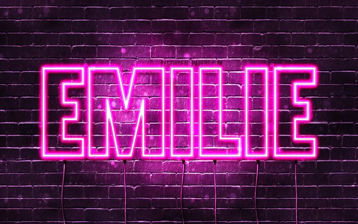 Emilie, 4k, sfondi con nomi, nomi femminili, nome Emilie, luci al neon viola, buon compleanno Emilie, popolari nomi femminili danesi, foto con il nome di Emilie