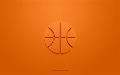 Ic&#244;ne 3d de basket-ball, fond orange, symboles 3d, basket-ball, ic&#244;nes de sport, ic&#244;nes 3d, signe de basket-ball, ic&#244;nes de sport 3d