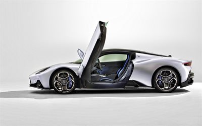 Maserati MC20, 2021, side view, exterior, luxury hypercar, new white MC20, italian sports cars, Maserati