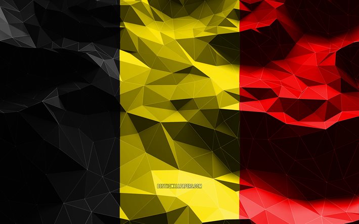 4k, bandiera belga, arte low poly, paesi europei, simboli nazionali, bandiera del Belgio, bandiere 3D, Belgio, Europa, bandiera 3D del Belgio